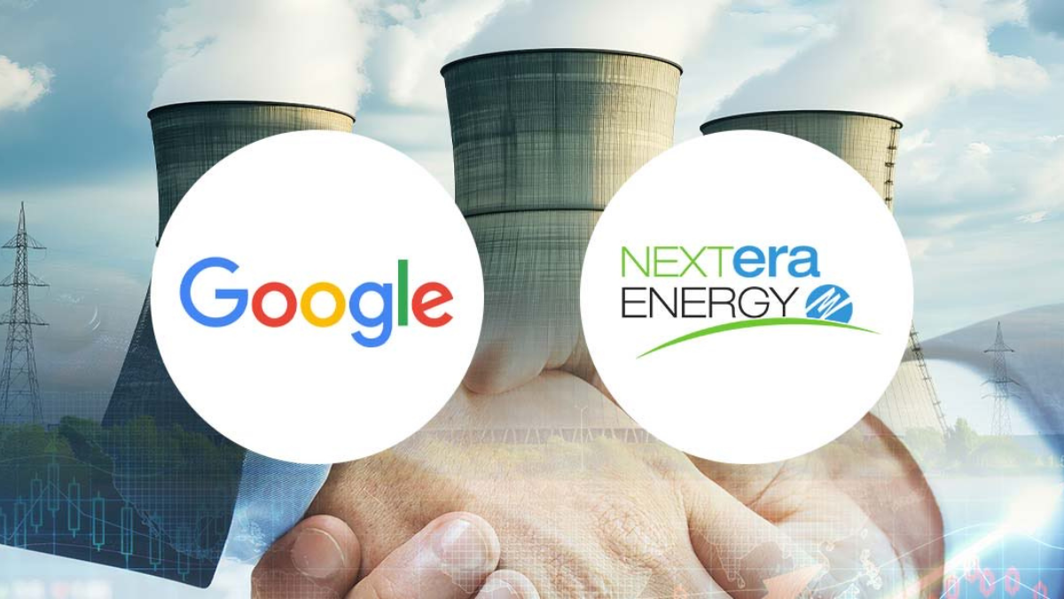 Google and NextEra Energy logos over power plant towers symbolizing grid partnership