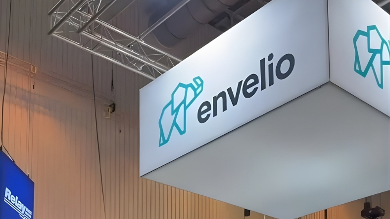 Envelio logo on suspended trade show booth at smart grid exhibition