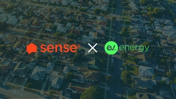 Sense and ev.energy logos overlaid on an aerial view of a residential neighborhood